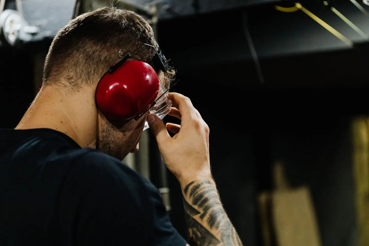 Man met rode gehoorkappen voert een telefoongesprek