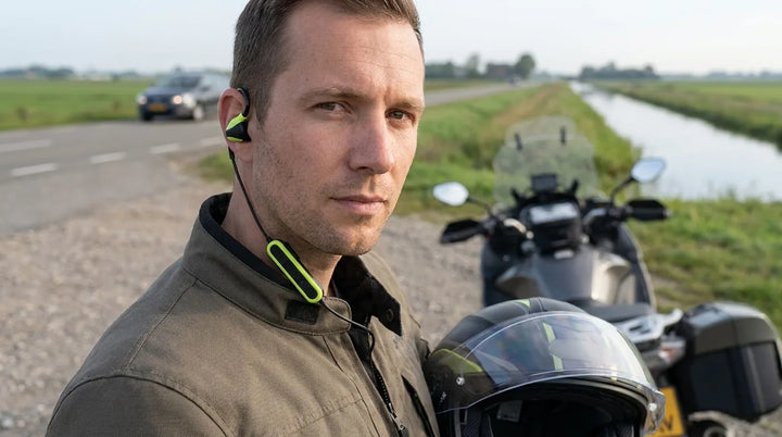 Motorrijder met zijn helm onder de arm langs een polderweg, met een ISOtunes PRO Aware 2.0 in zijn oor