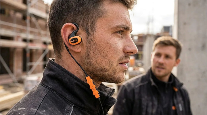 Bouwvakker op de bouwplaats luistert naar een collega, met een oranje ISOtunes PRO 3.0 in zijn oor
