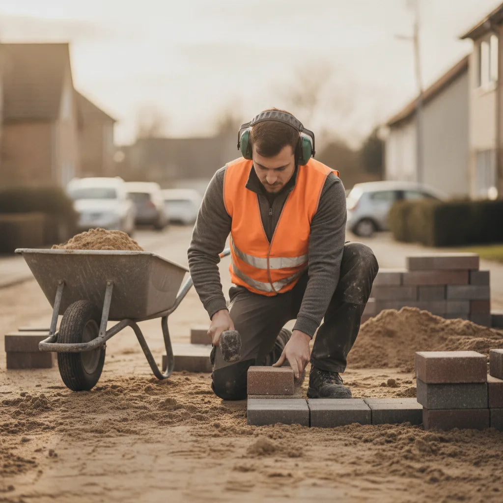 Stratenmaker legt betonklinkers in een woonstraat, met groene oorkappen op en een kruiwagen zand naast zich
