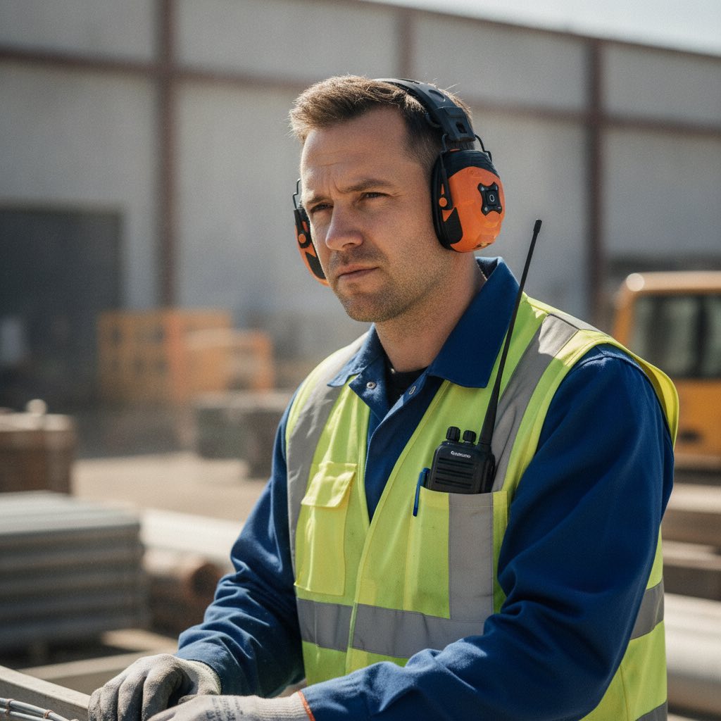 Medewerker met gehoorbescherming en portofoon op een bouwterrein