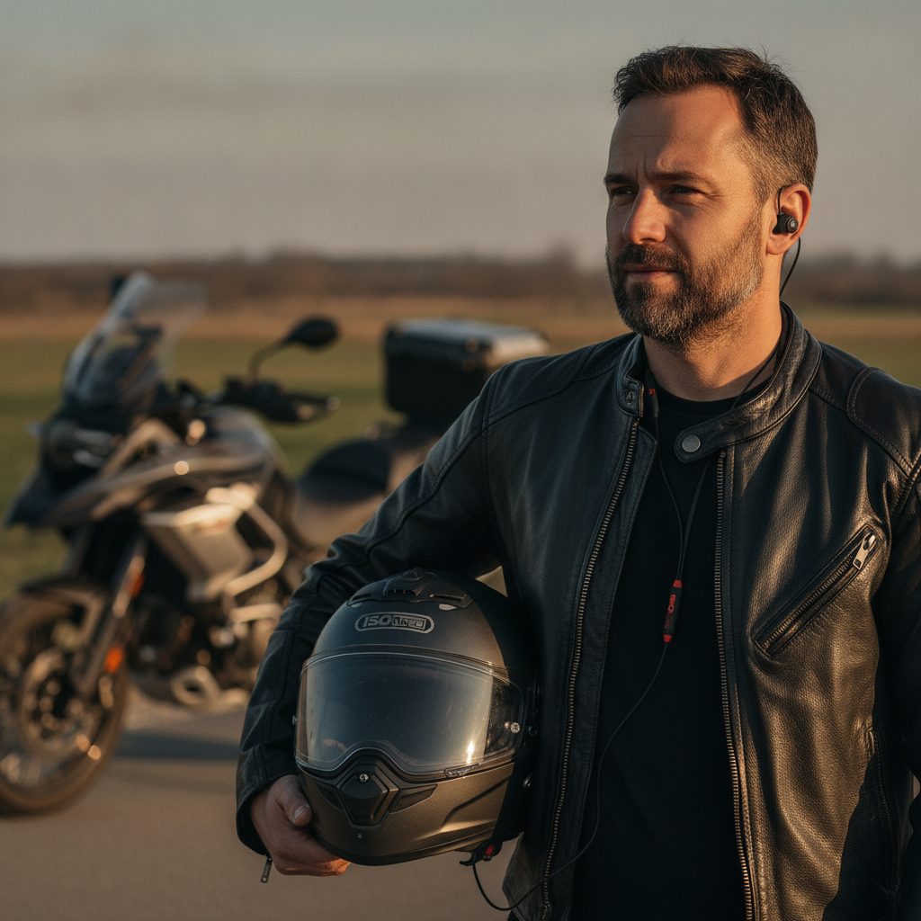 Motorrijder met integraalhelm en in-ear-gehoorbescherming op een touring-rit