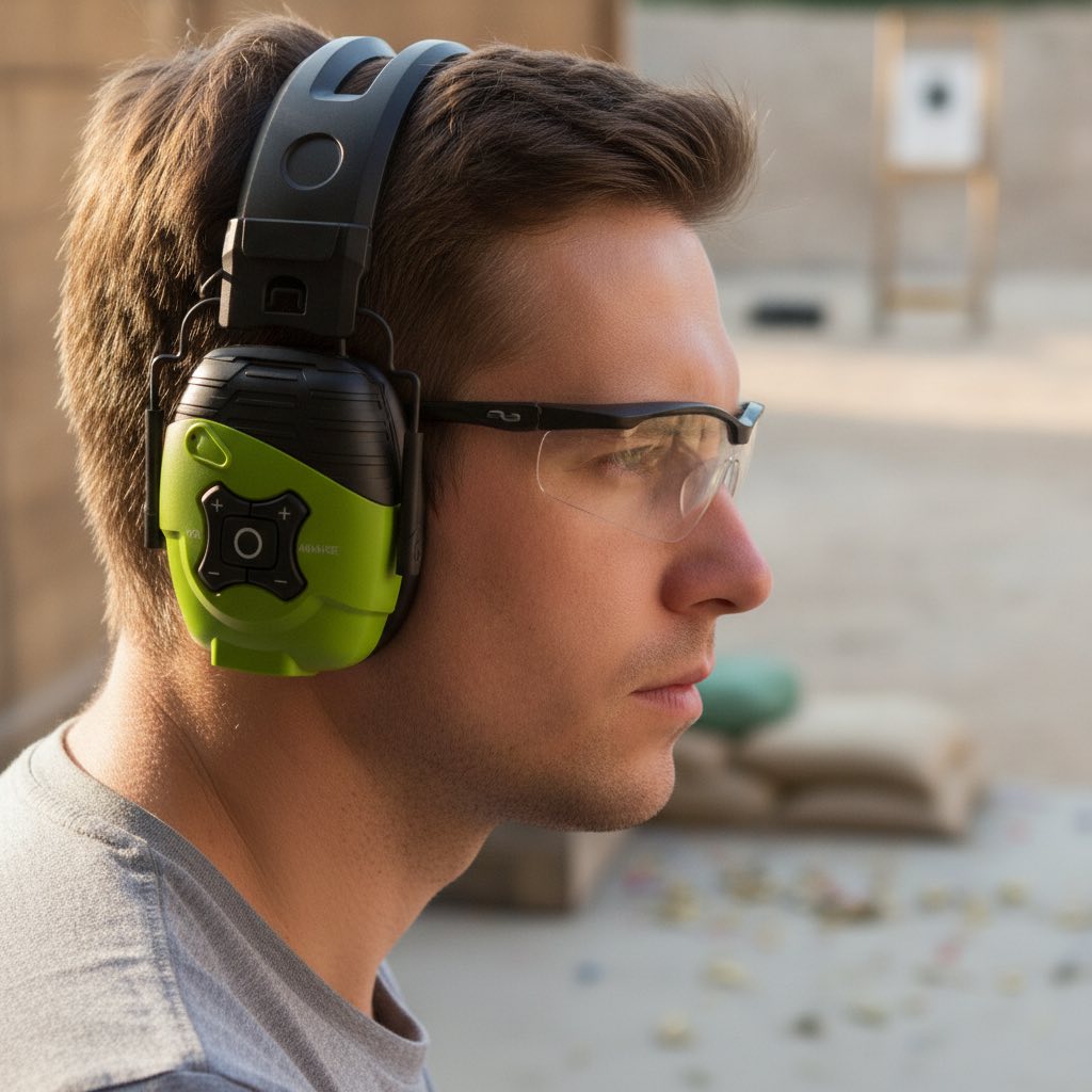 Schutter op de baan met in-ear Bluetooth-gehoorbescherming en veiligheidsbril
